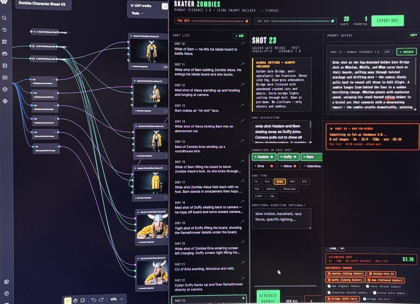The custom Skater Zombies shot-list and prompt-builder tool, mid-production