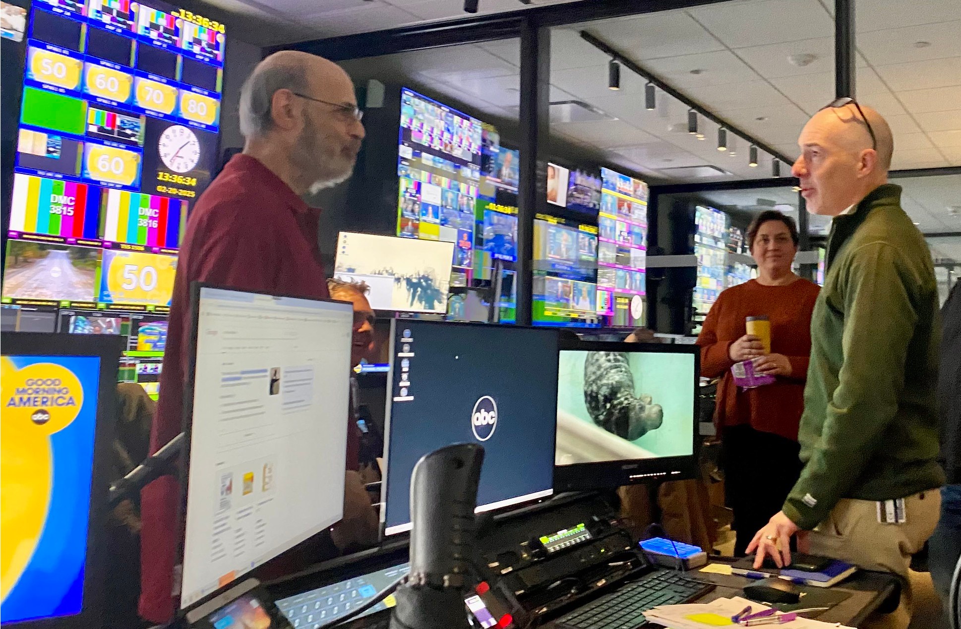 Doug Looney and the production team debriefing after a Good Morning America technical rehearsal at ABC's Hudson Square facility